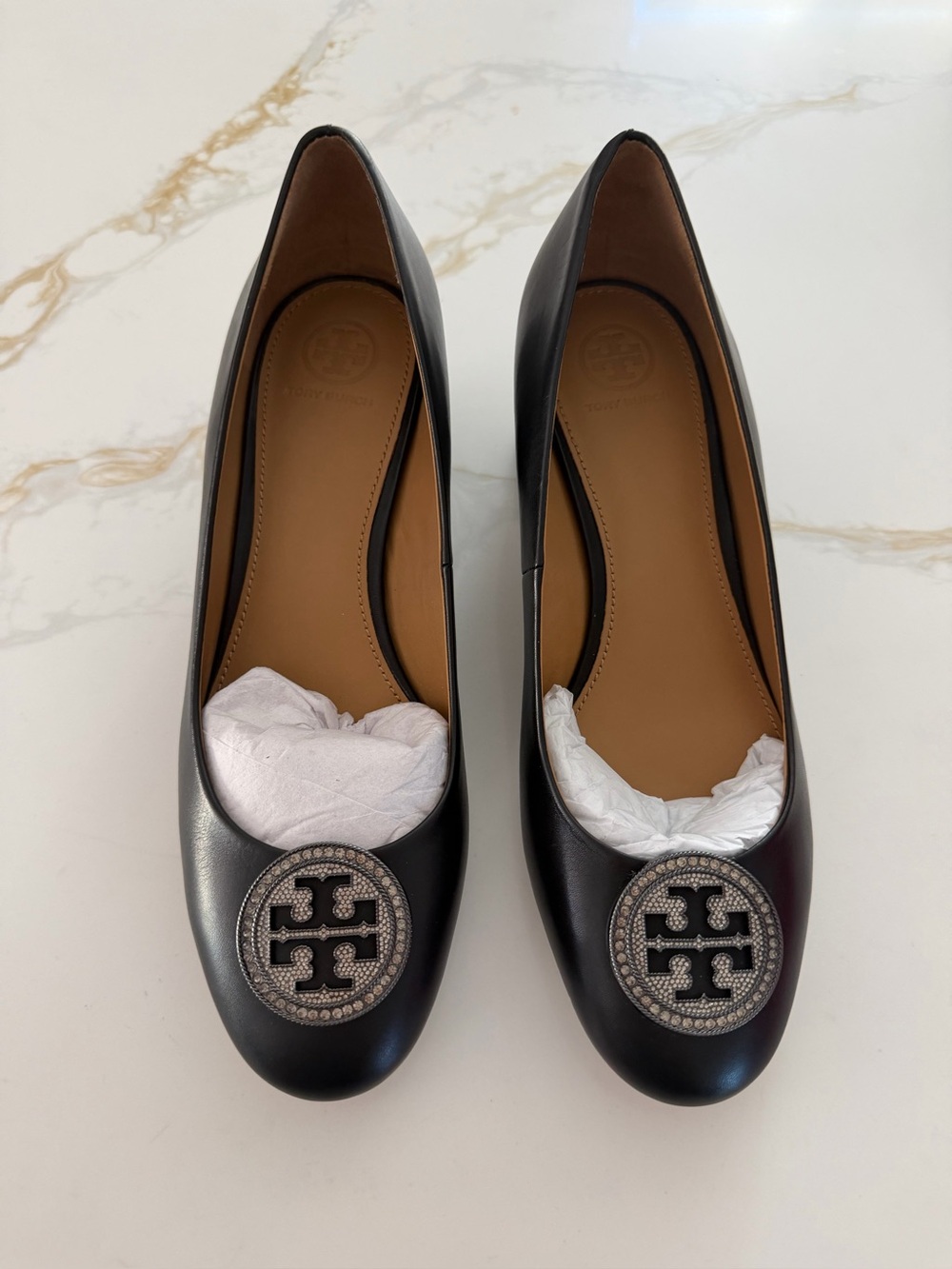 Tory Burch Black Leather Logo Medallion Ballet Flats
